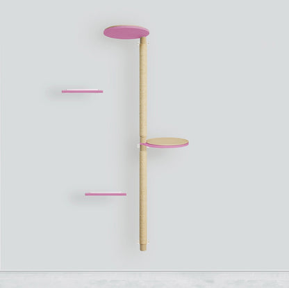 Kissan kiipeilypuu, jossa on vaaleanpunaiset lepo- ja askelmatasot