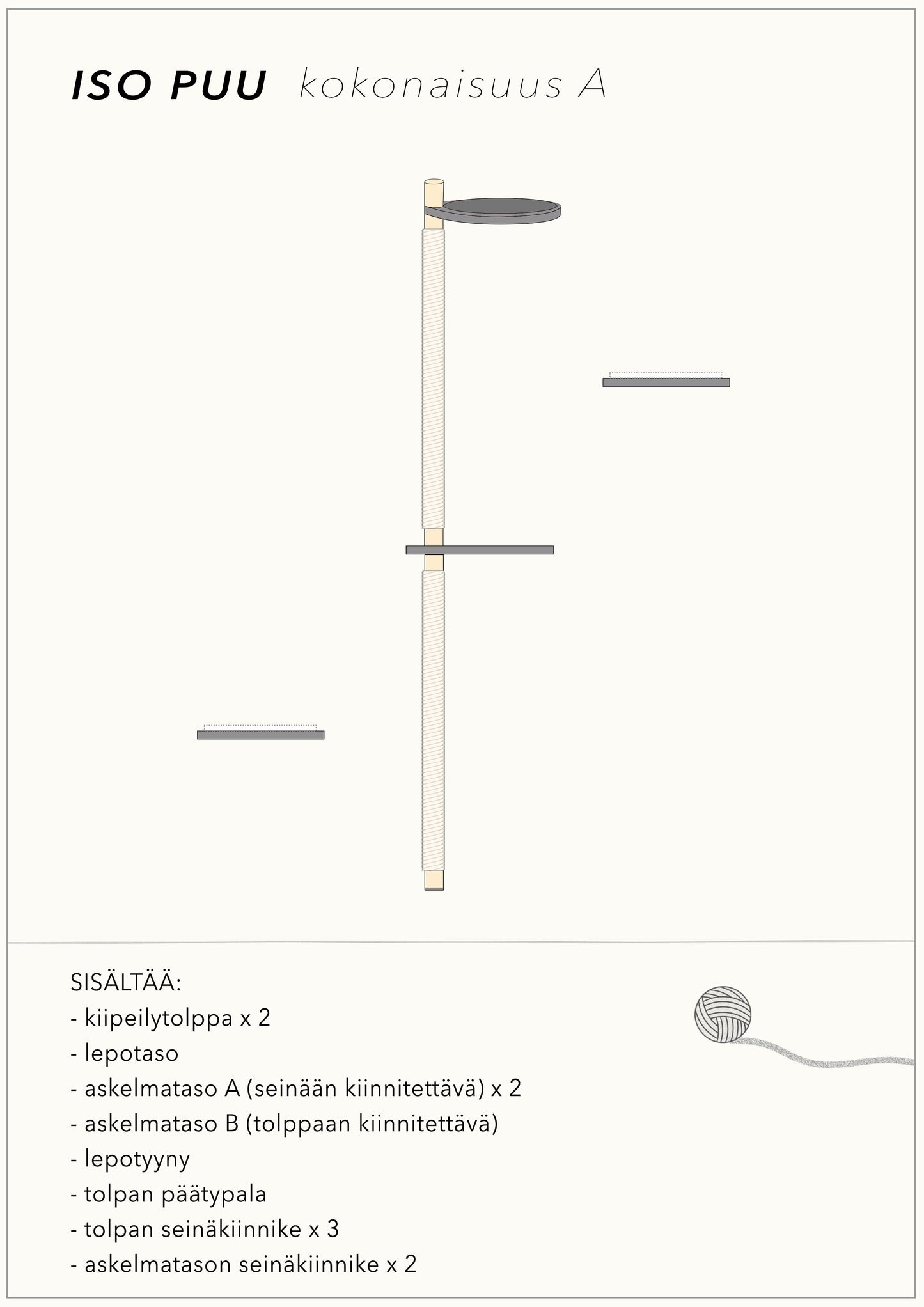 Kissan kiipeilypuu lepotasolla ja kolmella askelmatasolla