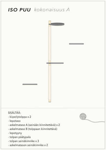 Kissan kiipeilypuu lepotasolla ja kolmella askelmatasolla