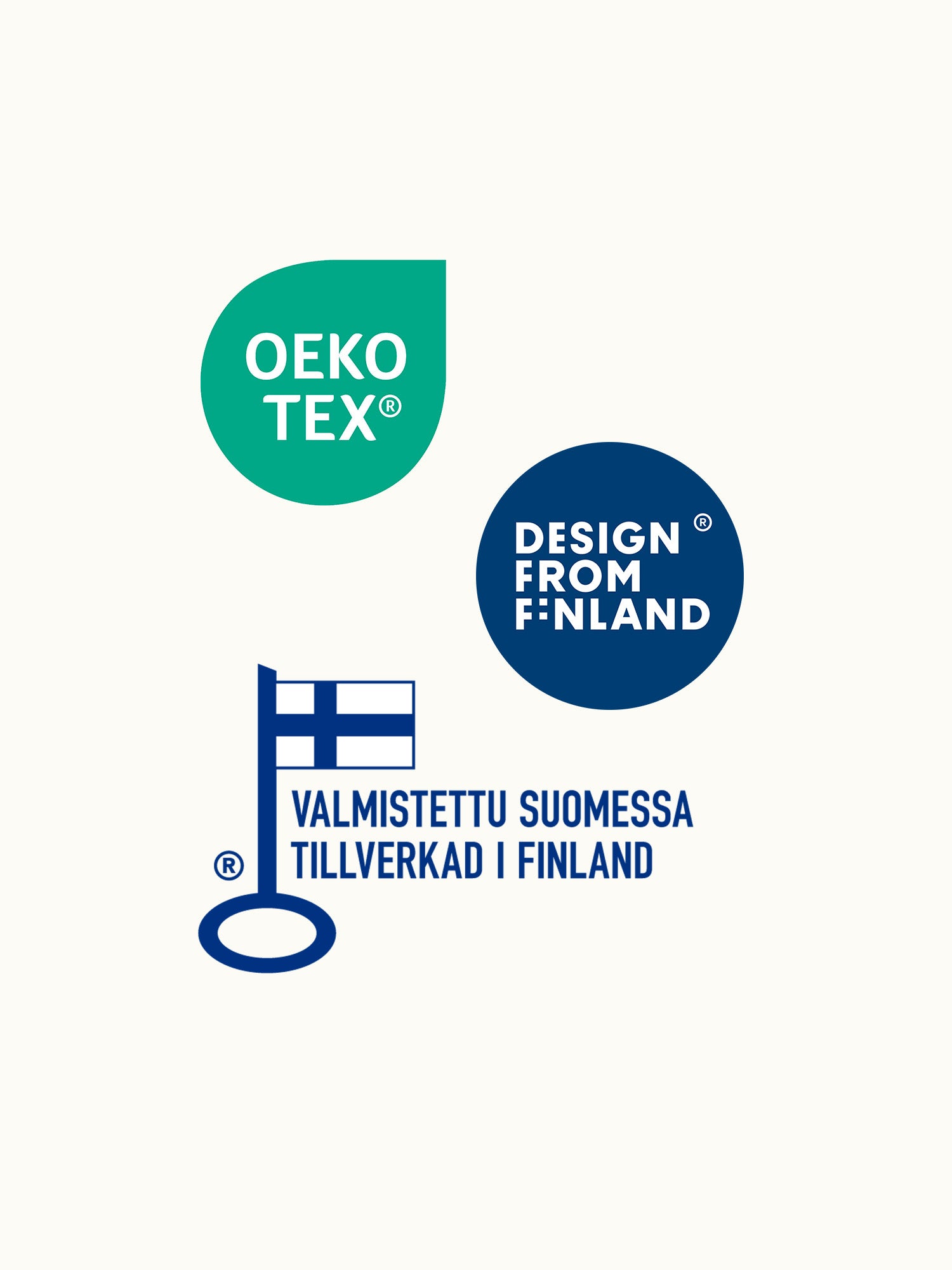 Avainlippu- ja Design from Finland -merkit sekä oeko-tex standardi